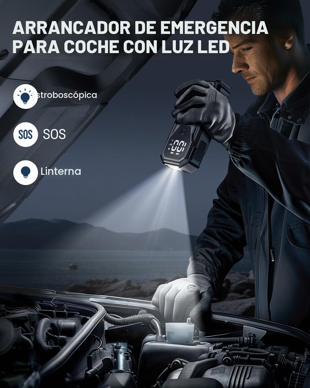 Arrancador de Coches, 6000A 12V Arrancador de Baterias de Coche, para All Gasolina o 10L Diesel, Linterna LED,Carga Rápida, Pantalla LCD Extragrande