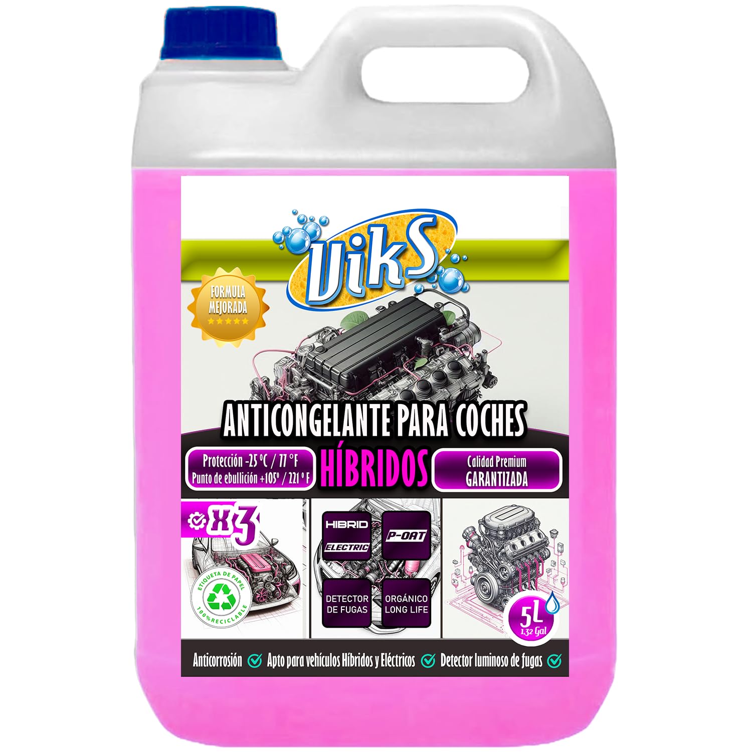Viks | Antigelo per Auto IBRIDE | Tecnologia P-Oat | Refrigerante Organico Rosa per veicoli elettrici | Protezione del Circuito -25ºC | Adatto a Tutti i Tipi di Radiatori | Uso Diretto | 5L