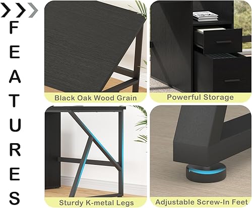 Miniatura 4 de IBF Escritorio negro para computadora con cajón de archivos, escritorio para 2 personas con estante de gabinete de almacenamiento, oficina moderna y