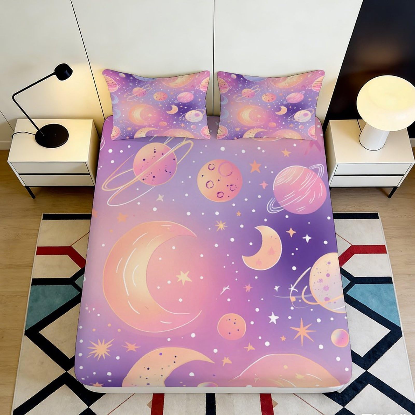 3D Printed Galaxy Starry Sky Fitted Sheet Microfiber Purple Cosmic Nebula Bed Cover for Bedroom Dorm Decor 90x200x25cm