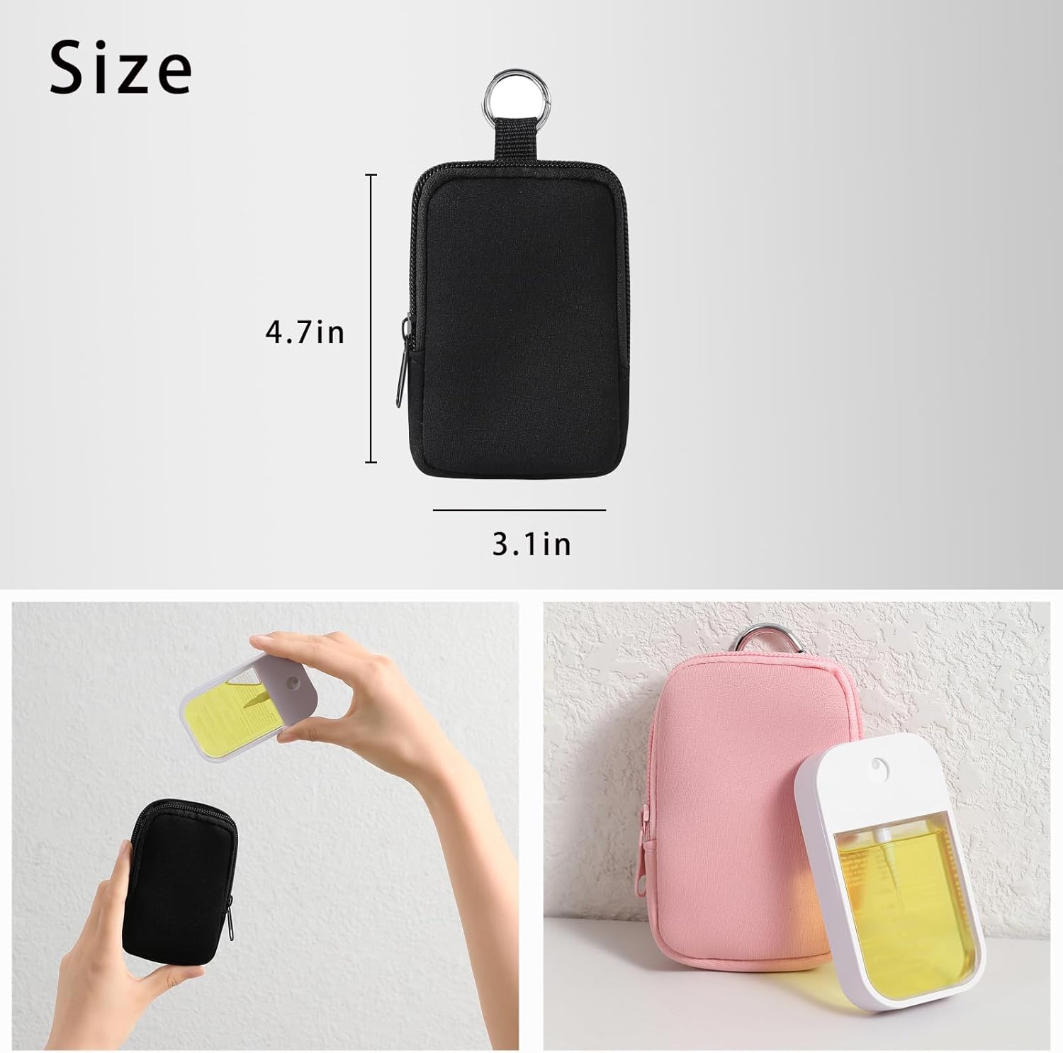 uekeboag 2Pcs Small Soft Neoprene Pouch with Zipper, Mini Portable Makeup Bag,Fashion Accessory with Snap Hook,Coin Purse Lipstick Cosmetic Travel Organizer(Black and Pale Pink) - Image 2