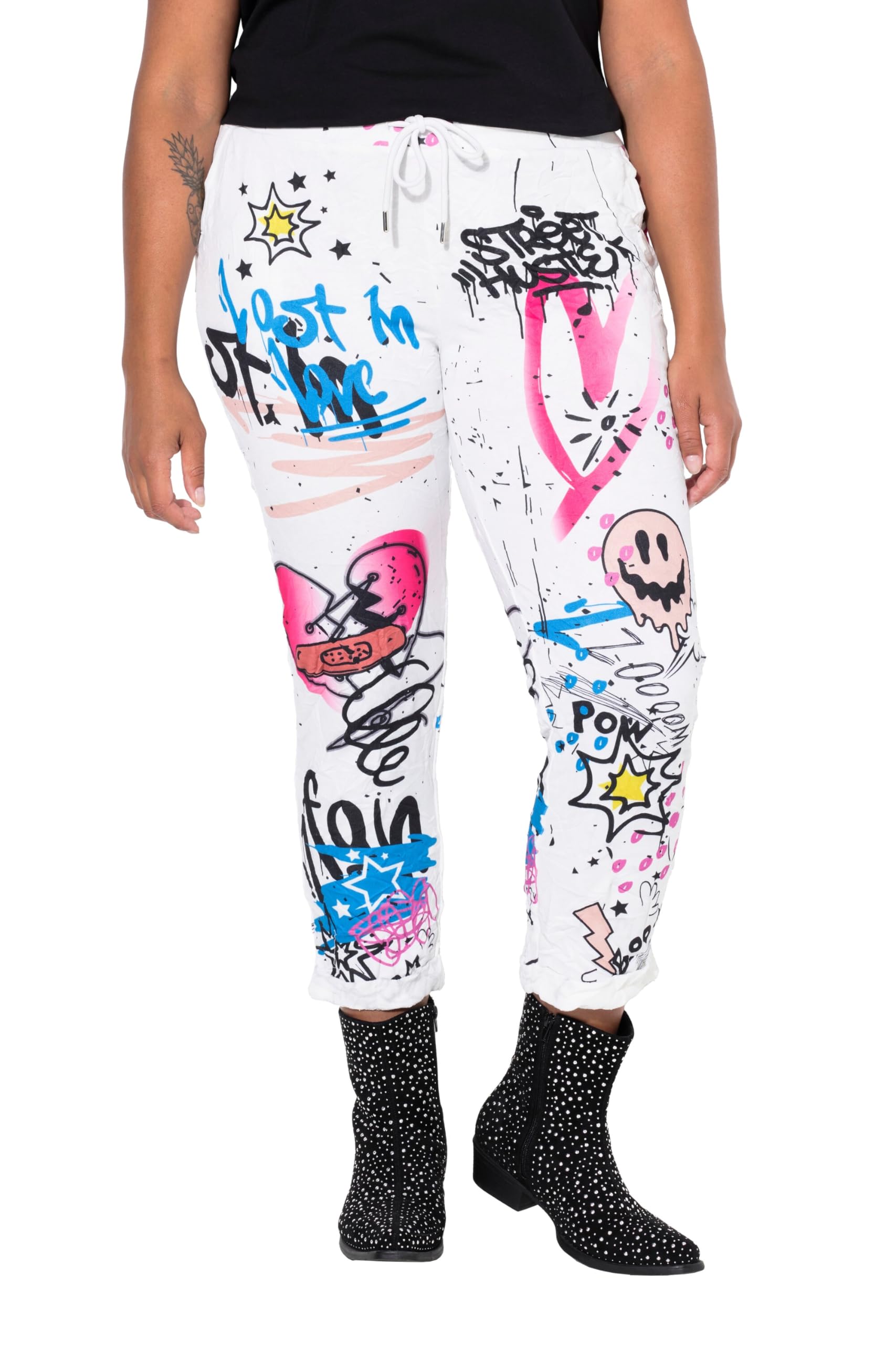 Angel of Style Damen große Größen Übergrößen Plus Size Crinkle-Hose, Joggpants, Crinkle mit Grafitti, Elastikbund 838052