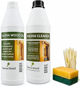 Sauna Care Set – Sauna Wood Oil & Sauna Cleaner (33.8 fl oz each) with Applicator Sponge & Gloves | Protects, Cleans & Nourishes Sauna Wood | For Traditional & Infrared Saunas