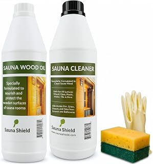Sauna Care Set – Wood Oil & Cleaner 34 oz Each, with Sponge & Gloves