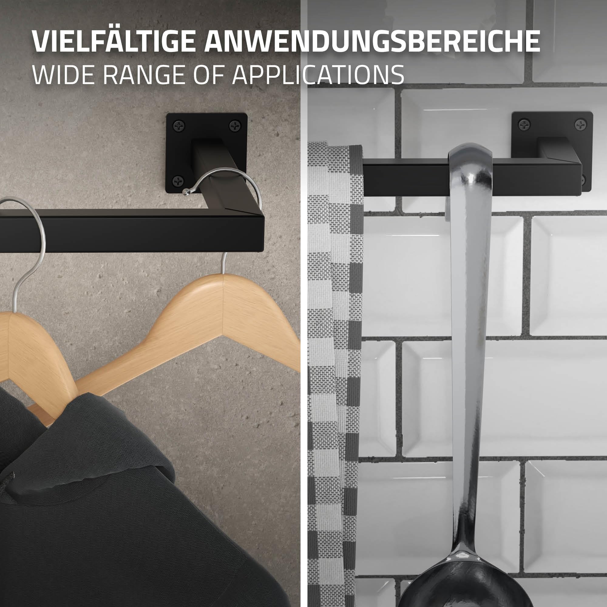 ML-Design Set di 3 Appendiabiti Porta Asciugamani Attacco a Parete 90x30 cm in Acciaio Nero per Bagno Cucina Soggiorno Balcone Camera da Letto Porta Salviette da Muro Salvaspazio Peso Supportato 50 kg