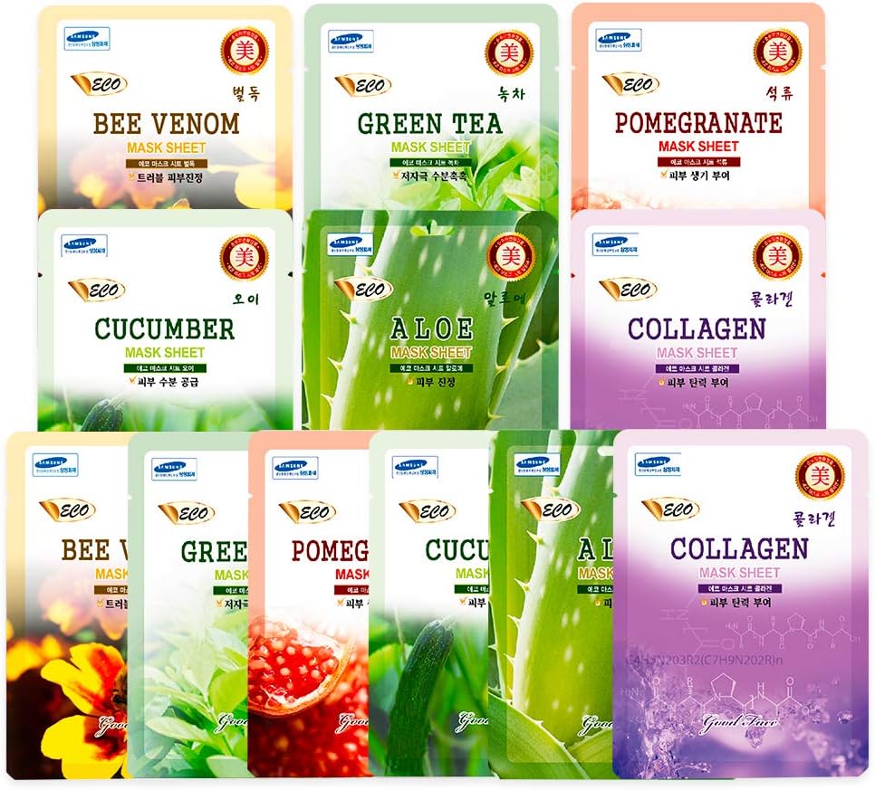 Lus ECO Essence Facial Face Masks Paper Sheets Korea Skin Care Moisturizing 12 PCS (Mix - 2 of Each) - Collagen, Aloe, Cucumber, Pomegranate, Green Tea, Bee Venom