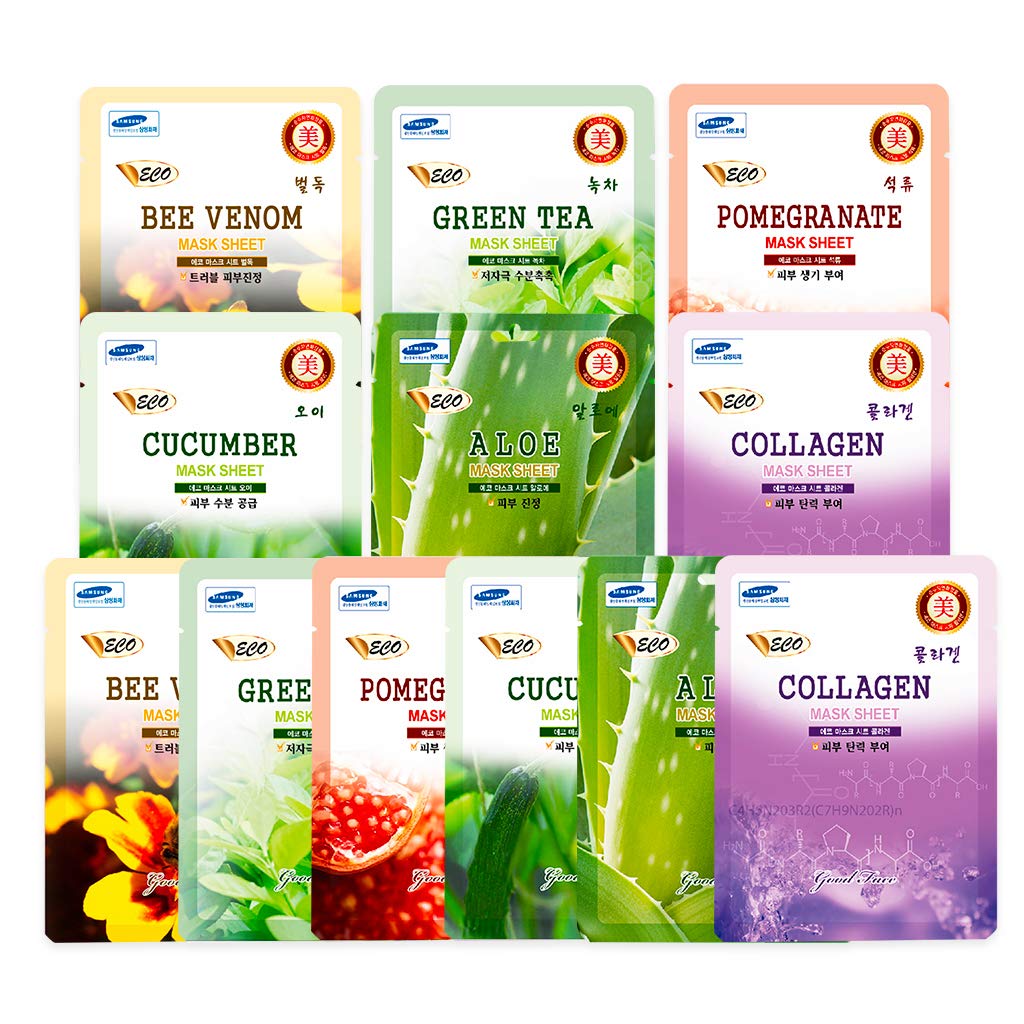 Lus ECO Essence Facial Face Masks Paper Sheets Korea Skin Care Moisturizing 12 PCS (Mix - 2 of Each) - Collagen, Aloe, Cucumber, Pomegranate, Green Tea, Bee Venom
