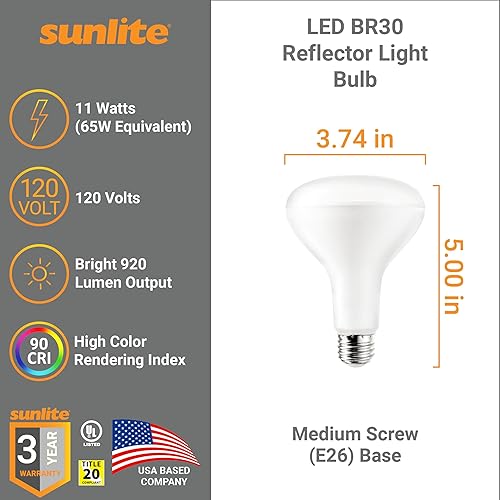Miniatura 2 de Sunlite 41812 Bombilla LED BR30 reflectora, 11 vatios (65 W  ), 120 V, 920 lúmenes, 90 CRI, base E26 media, regulable, inundación ancha,