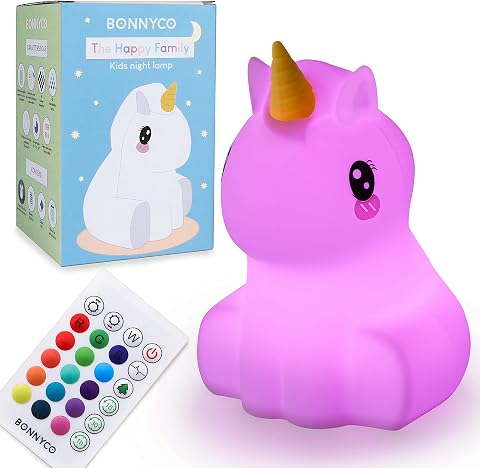 BONNYCO Night Light Kids with Remote and Touch Control 16 Colours. Unicorn Baby Night Light with Timer, Kids Lamp Silicone BPA Free. Cute Lamp Nightlights for Bedroom, Gifts for Girls Boys