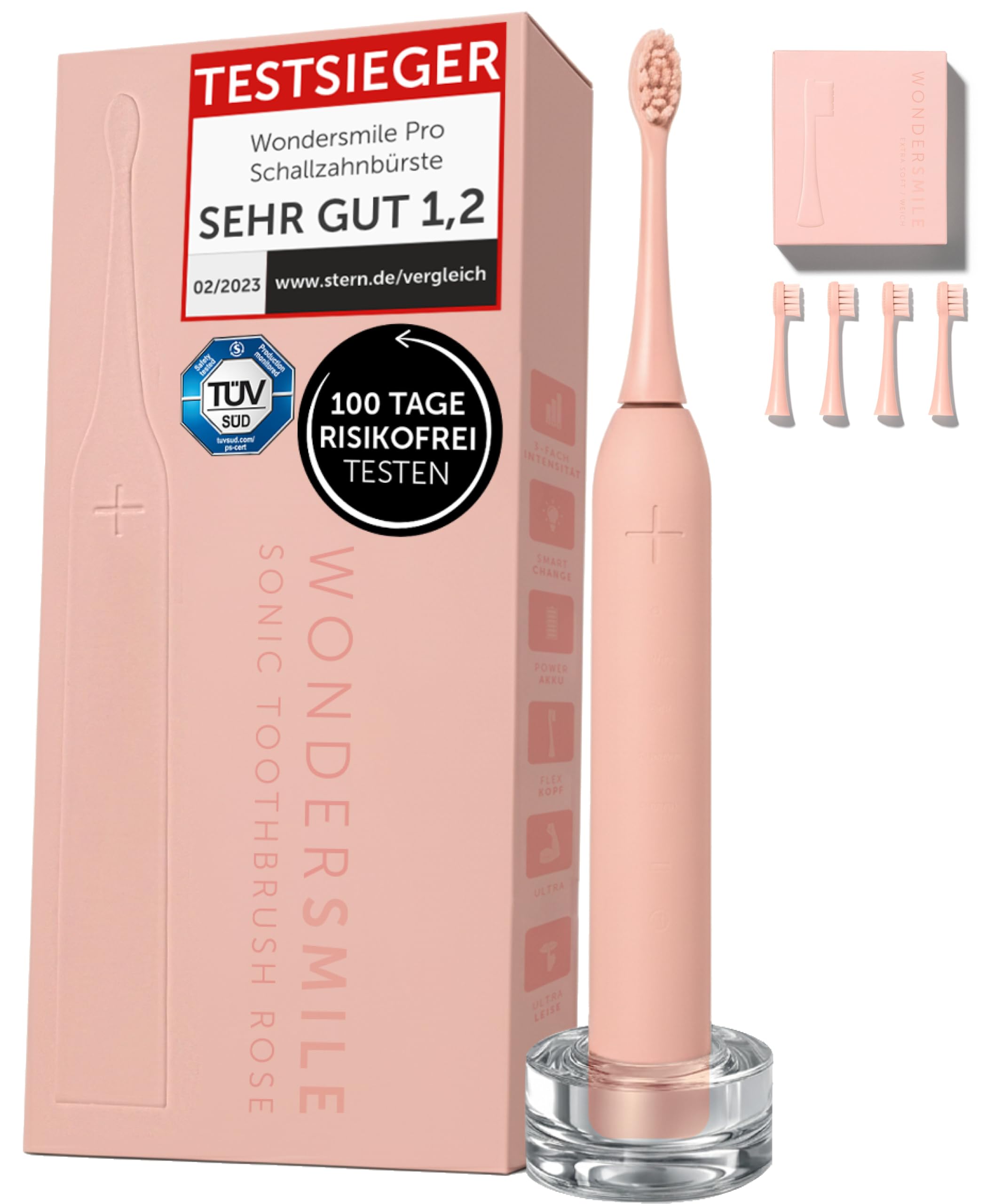 WonderSmile Schallzahnbürste Pro Atomic Rose + 4 Bürstenköpfe Soft – Set | Testsieger 2026* – Elektrische Zahnbürste mit Ladestation, 4 Programmen & 60 Tage Power Batterie – IPX8