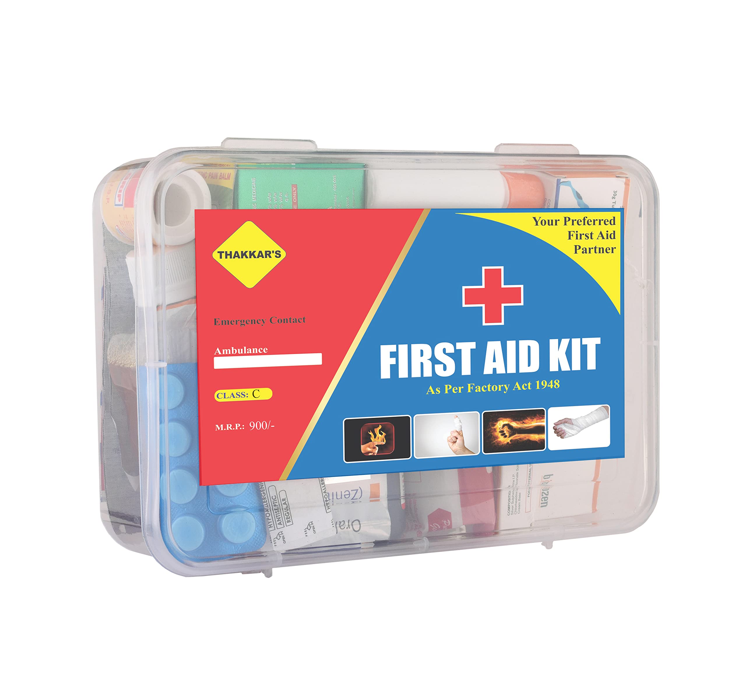 Tool Zone Plastic First Aid Kit Storage Box- CLASS - C Set with Medicine (Transparent Plastic Case), Rectangular, Standard