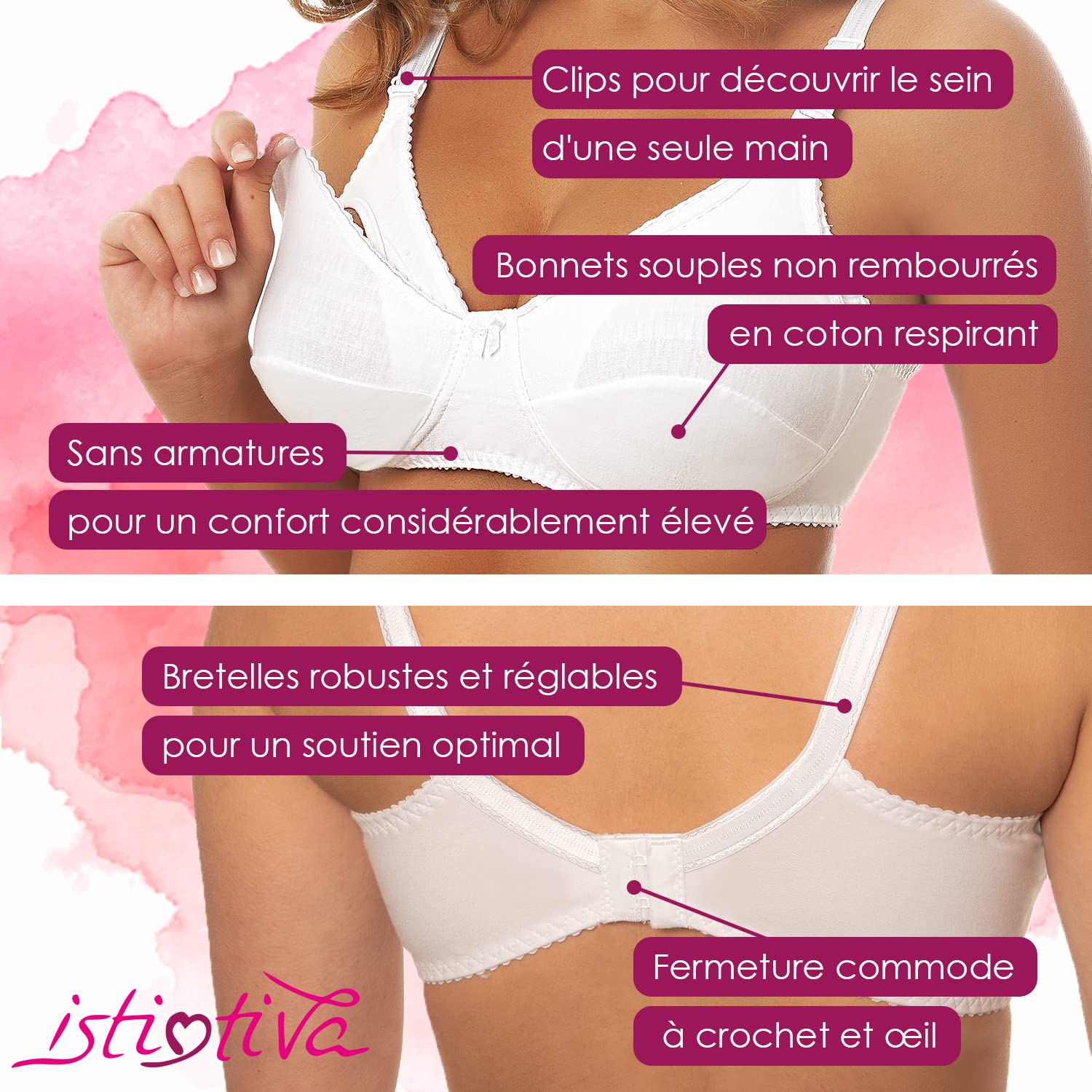 Instintiva Mamma - Soutien-Gorge Allaitement sans Armature en Coton avec Clips pour découvrir Le Sein d’Une Seule Main - Bonnets Souples Non rembourrés