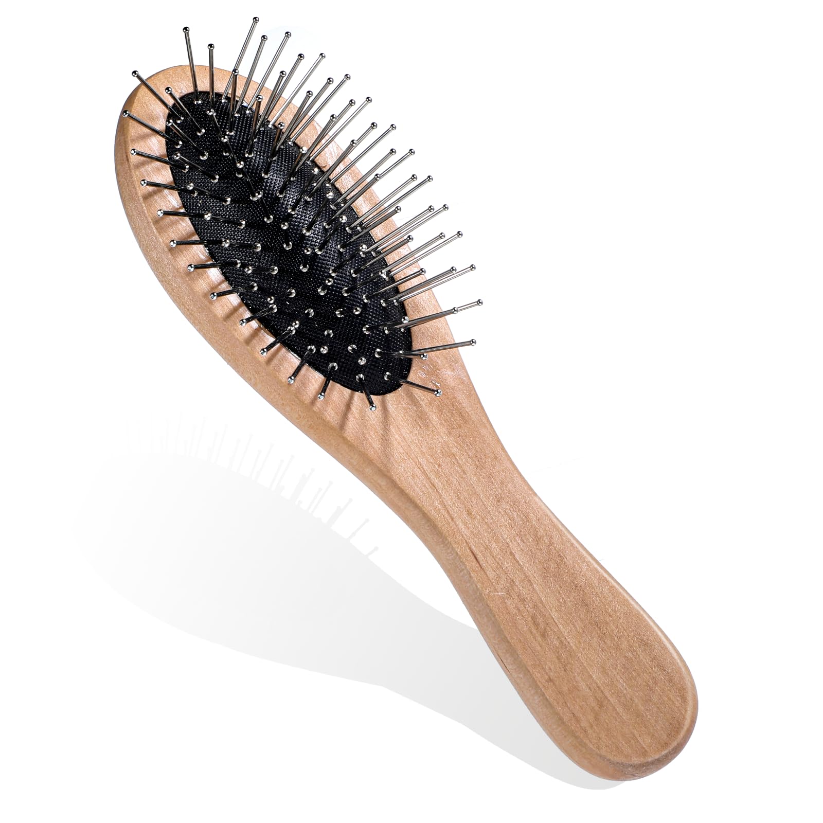 Portable Mini Pin BambooHair Brush Small Wig Hair Brush with Steel Bristles for Smoothing Detangling Wire Cushion Brush with Wood Handle Travel Natural Wood Comb with Metal Bristles for Women