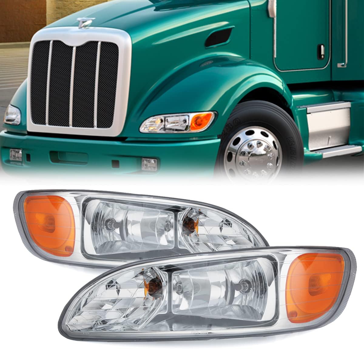 Headlights for Peterbilt 386, Truck Headlight Assembly for Peterbilt 330 325 335 337 340 348 382 384 386 387, with DOT Approved High and Low Beam Replacement Left and Right(A Pair)