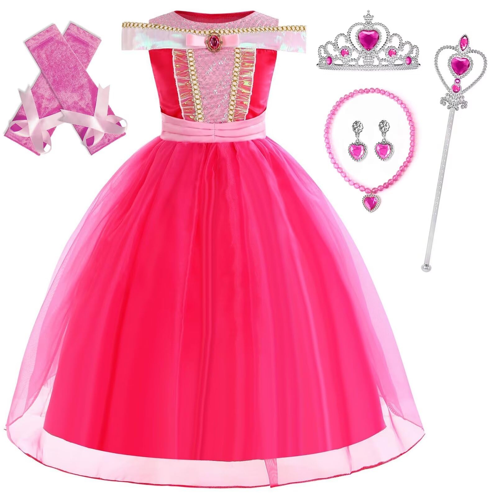 XFOZDM Disfraz de la Bella Durmiente para niños, disfraz de princesa Aurora para niña, disfraz con accesorios para carnaval, Navidad, Halloween, fiesta de cumpleaños, cosplay y vestido de rosa