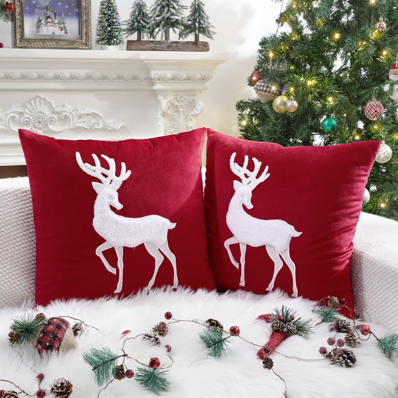 Lewondr Christmas Reindeer Throw Pillow Covers, 18 x 18 Inches Set of 2 Elk Embroidered Square Pillow Case Soft Cozy Velvet Decorative Pillowcase for Sofa Couch Bed Living Room Bedroom, Red