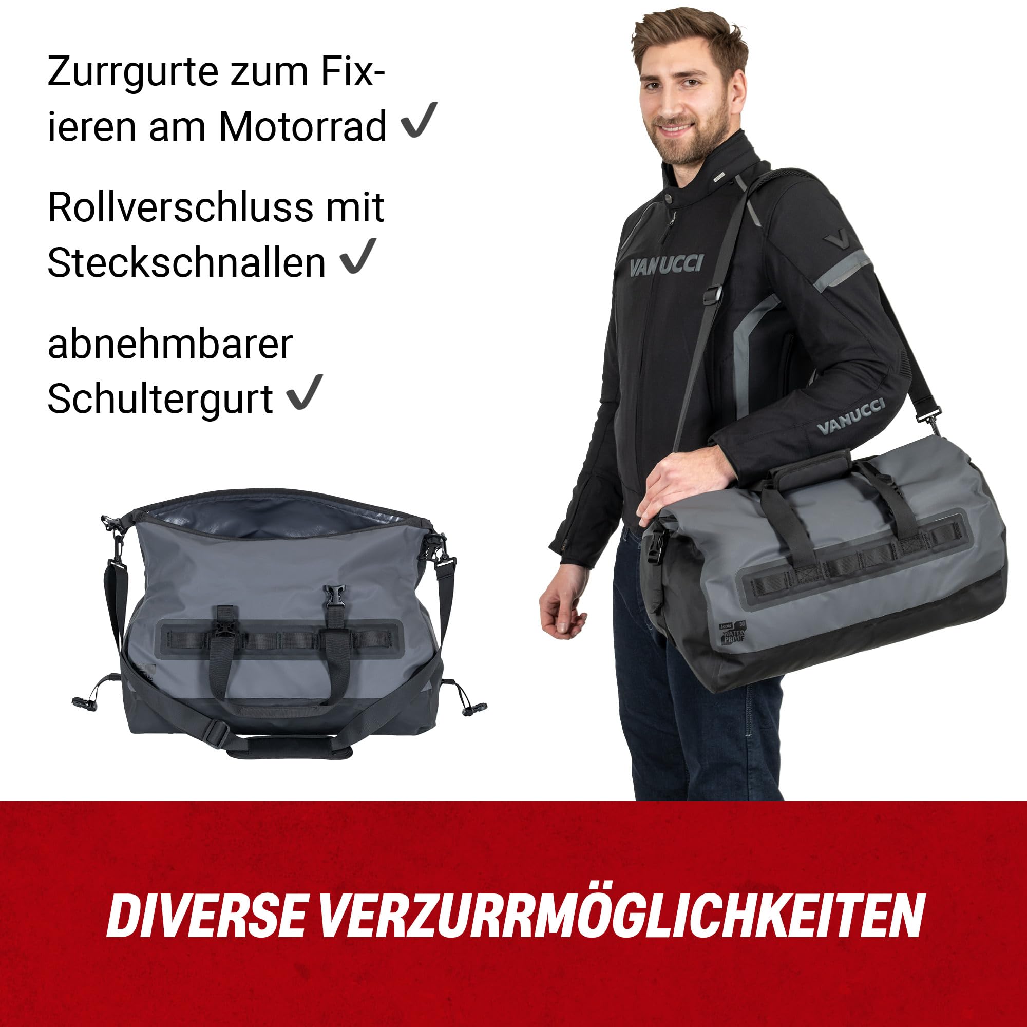 Louis Motorrad Gepäckrolle wasserdicht – Hecktasche mit Rollverschluss, wasserdichte Gepäcktasche für Reise, Tour und Alltag, 30/50/60 Liter (30 l)
