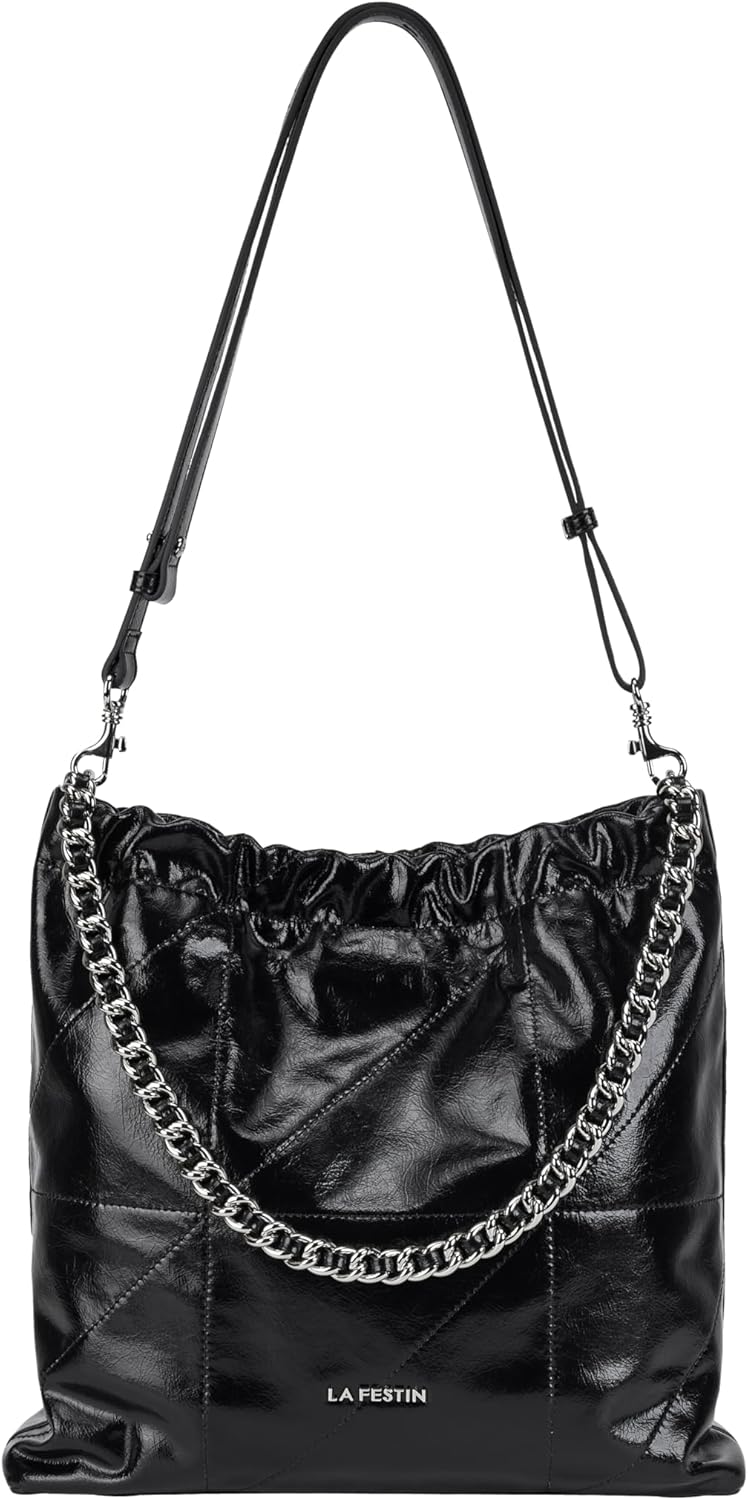 LA FESTIN Leather Tote Bag for Women-Stylish Purse with Chain Strap Luxury Soft Fashion Tote for Work Black