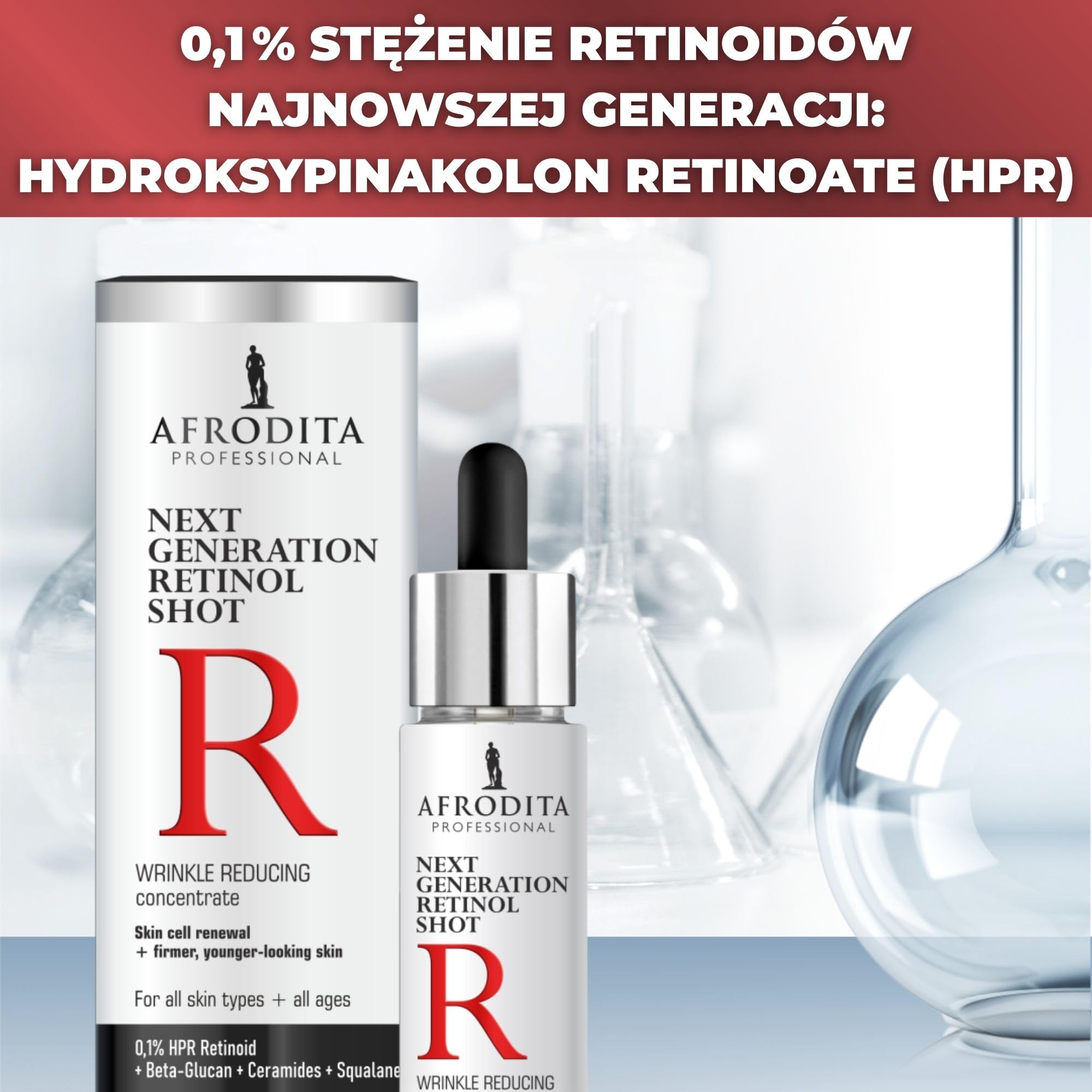 Afrodita Professional Next Generation Retinol Shot serum do twarzy 0,1% HPR retinoid, przeciwzmarszczkowe serum przeciw porom i plamom pigmentowym, z ceramidami beta-glukanem, skwalanem, bez perfum