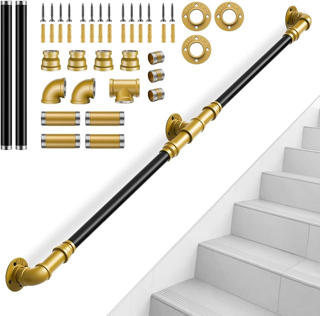 Handrails for Staircase, Potuem 1/1.5/2/3m Indoor Outdoor Handrails for Stairs Banister Rails Handrail Stairs with Anti-Slip Anti-Rust Industrial Galvanized Steel Pipe for Easy Installation (1.5m)