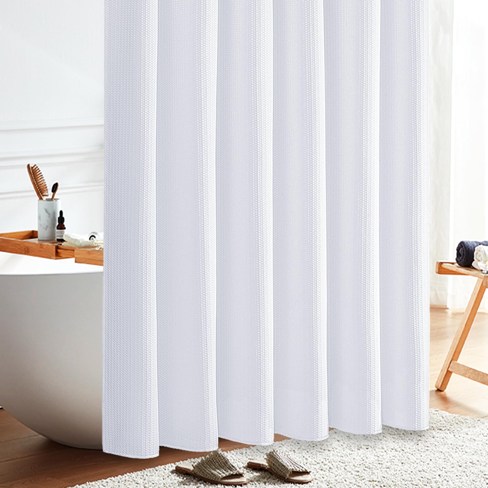 BTTN Tenda Doccia a Nido d'Ape Bianca 180x200 cm, Tessuto Antimuffa Impermeabile Extra Resistente con 12 Ganci, Lusso Moderno Lavabile con Orlo Ponderato in Poliestere Decorativo per Bagno
