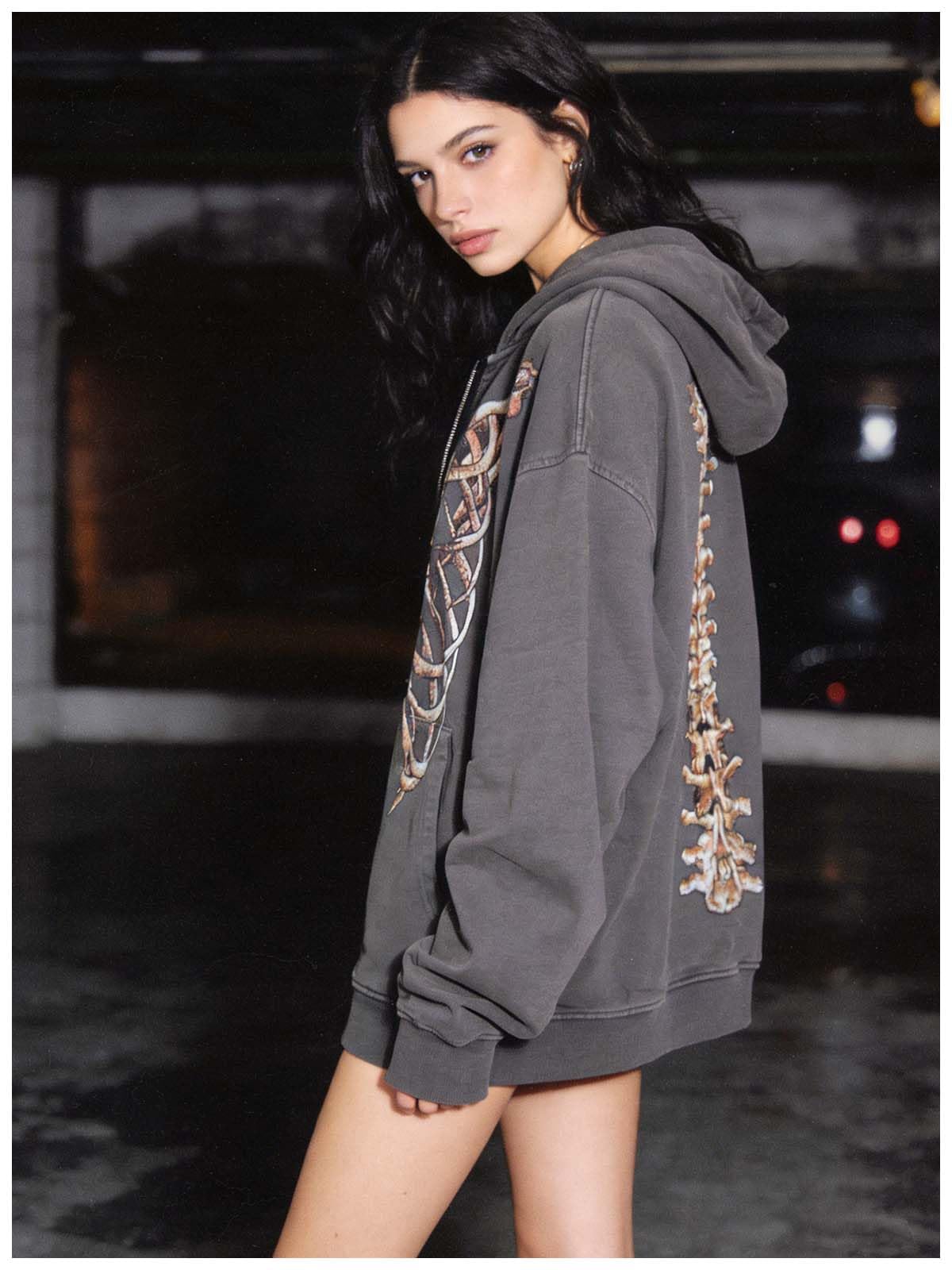 MLAFE Gothic Hooded Sweater Retro Bone Print Hooded sweatshirt Y2K zip-up jacket Grunge Hooded Sweater Harajuku upper garment: XX-Large Grey