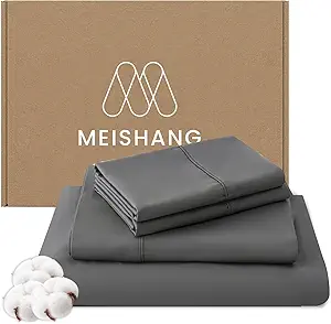 MEISHANG 1000 Thread Count Egyptian Cotton Sheets California King - 100% Egyptian Cotton Sheet Set, Sateen Weave, Soft & Breathable, 16" Deep Pockets - 4 Piece (Cal King, Grey)