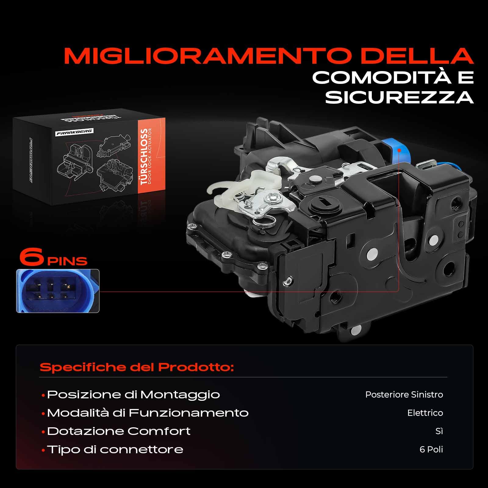 Frankberg Attuatore serratura porta posteriore sinistra 6 Poli 3B4839015AN | Compatibile con: Polo 9A 9N, Fabia I Praktik 6Y5, Polo Saloon 9A2 9A4 9A6 9N2, Fabia I 6Y2, Fabia I Combi 6Y5