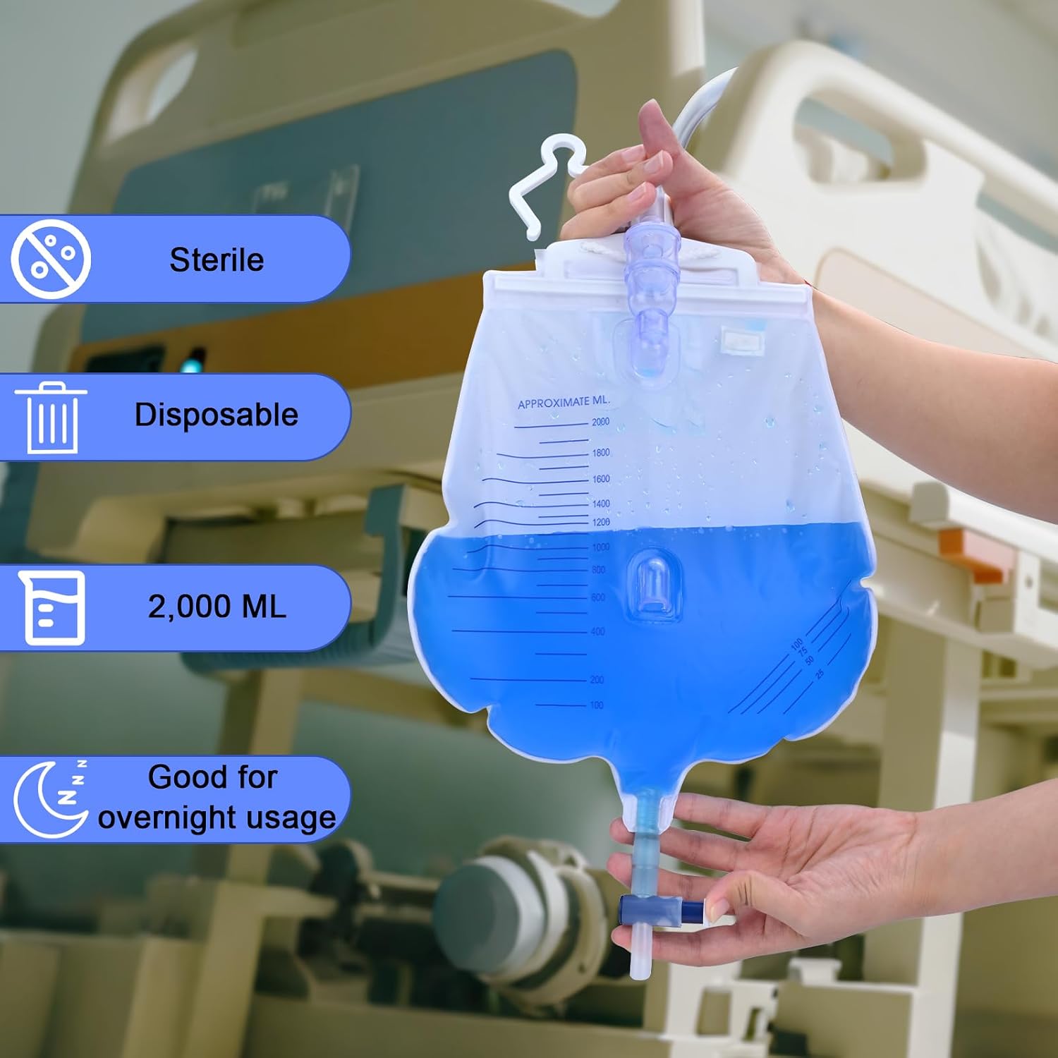 5 Pack 4000ml Sterile Urinary Drainage Bag, Catheter Bags with Anti-Reflux Chamber and 48" Drainage Tube,Professional Men Women Overnight Bedside Urine Bag