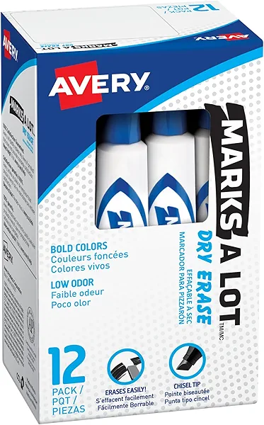 Avery Marks A Lot Dry Erase Markers, Low Odor, Chisel Tip, 12 Blue Whiteboard Markers for Classroom and School Supplies, Office Supplies, and More (24406)