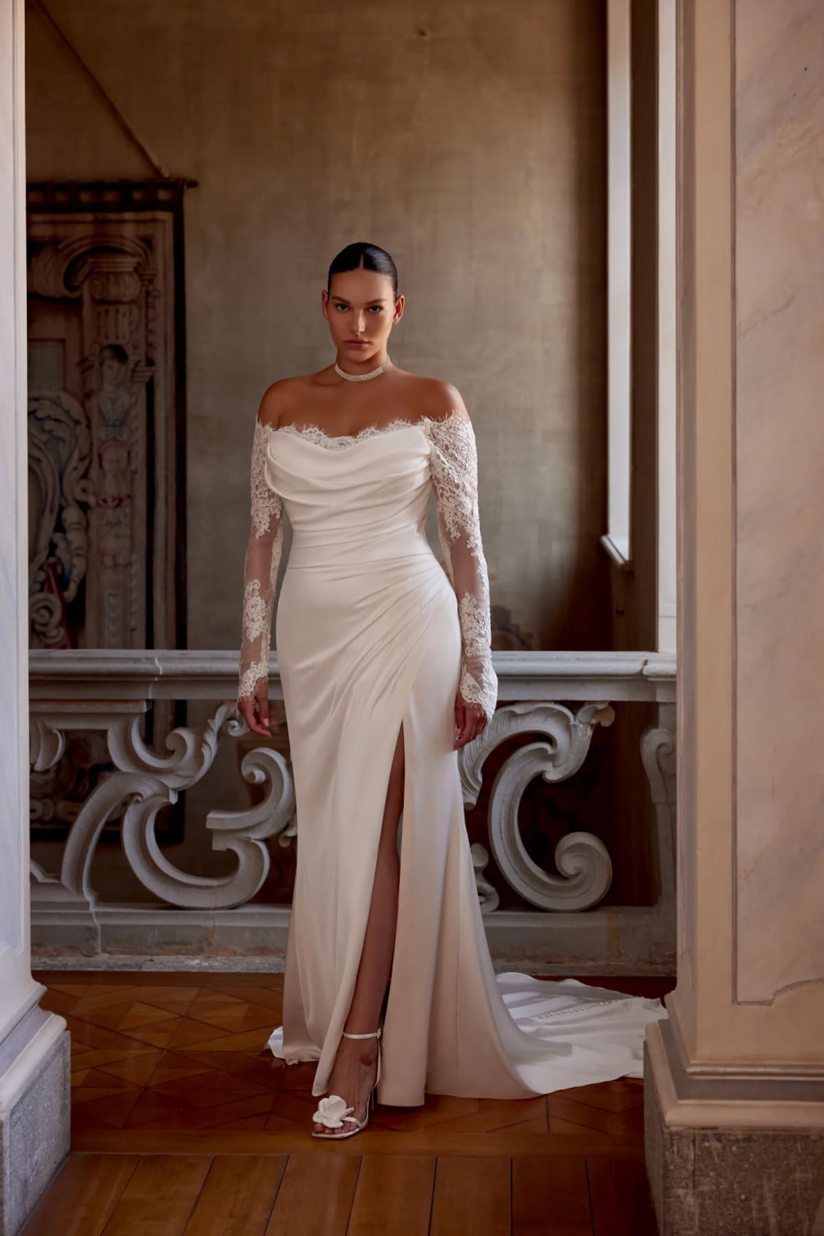 HUINI Spitzen Satin Brautkleid mit Schleppe Off-Shoulder Lange Ärmel Meerjungfrau Hochzeitskleid für Damen