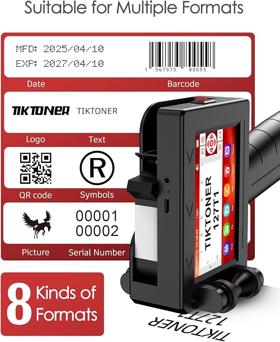 127T1 Handheld Inkjet Printer - Portable Handheld Printer for Text/Logo/QR Code/Barcode/Date/Batch Number/Serial Number, Inkjet Coding Machine for Cardboard/Metal/Plastic/Ceramic/Wood/Fabric