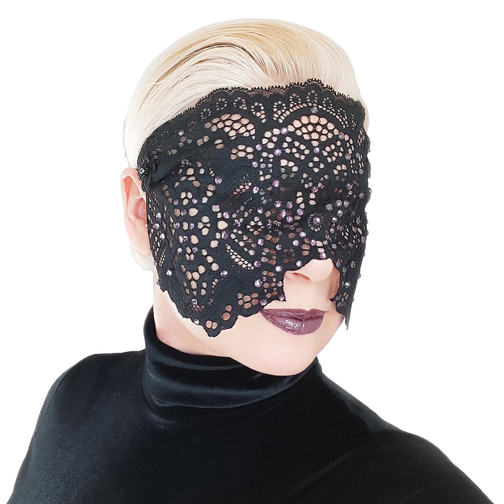 Lace Full Face Black Rhinestone Mask for Women, Lace Masquerade Mask, Fancy Dress Party, Ball, Carnival (Black (Lila rhinestones))