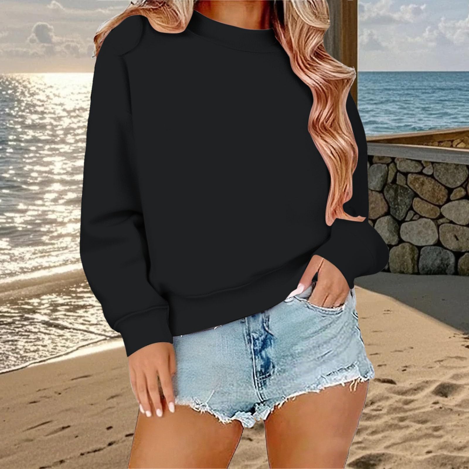 Pack de 2 Sudaderas para Mujer Manga Larga Cuello Redondo Suéter Básico Primavera Invierno