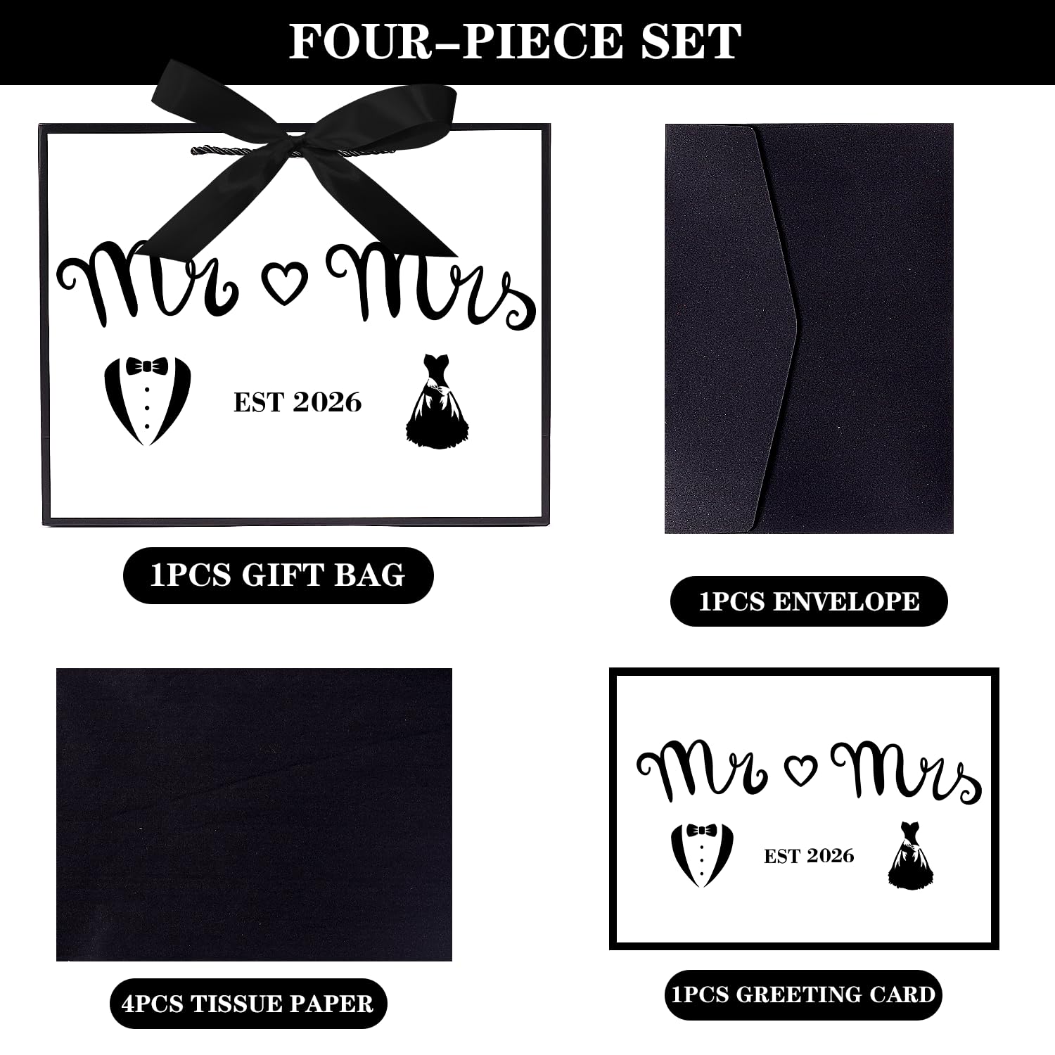 Jaywayang Large EST 2026 Mr & Mrs Wedding Gift Bag with Ribbon and Tissue Paper, 12.6" White and Metallic Black Bridal Shower Gift Bags, Engagement, Wedding Shower Party Favor.