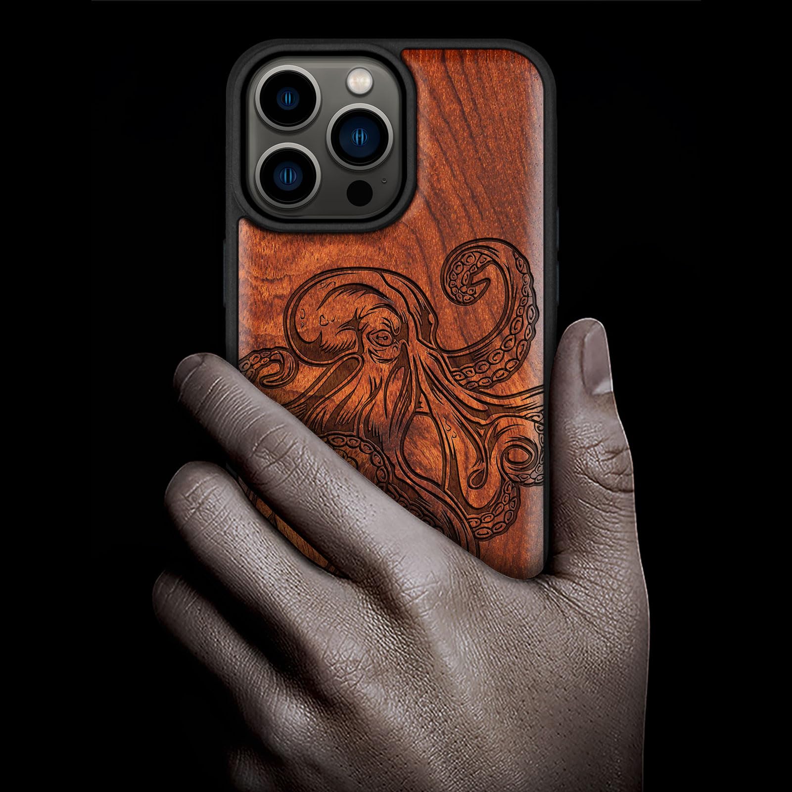Carveit Custodia In Legno Compatibile MagSafe con iPhone 15 Pro Max Custodia, Magnetico Case avec Antiurto con Protezione Per 15 Pro Max Cover (Rosea-Arte del disegno del polpo)