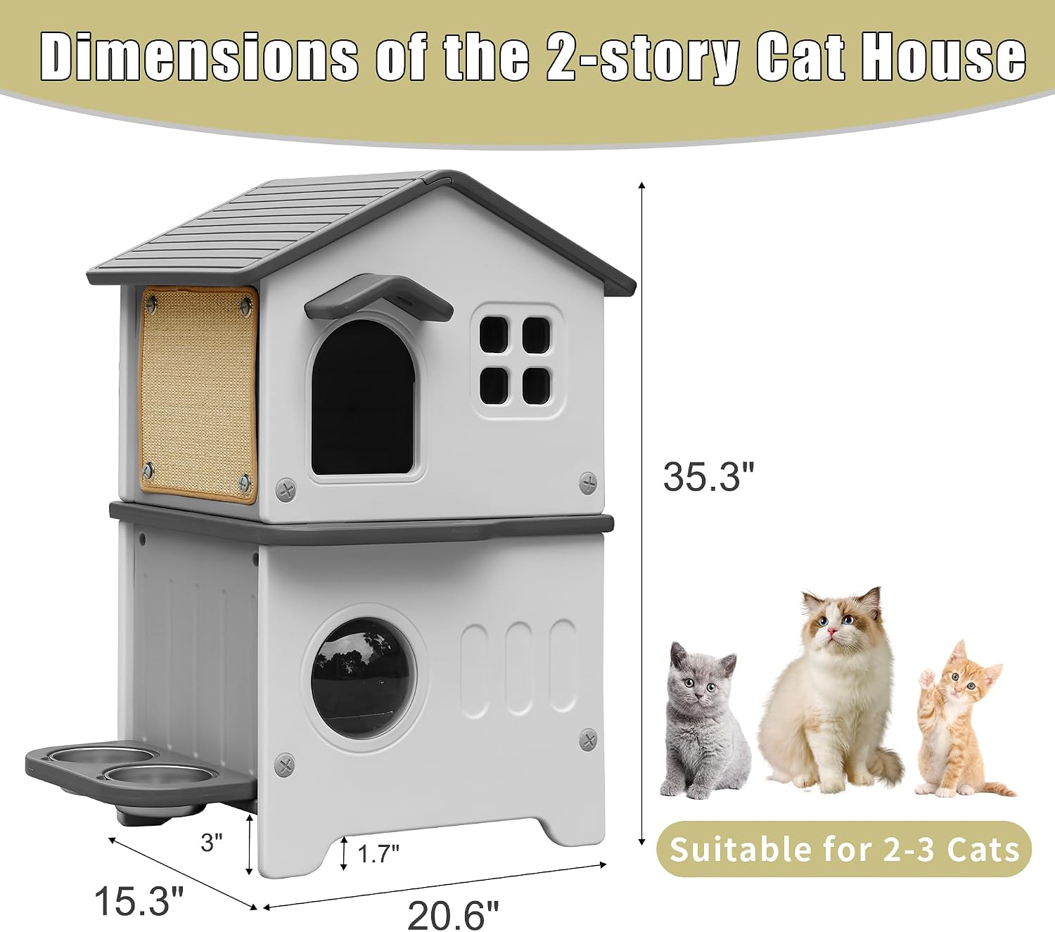 2-Story Cat House,Weatherpoof Plastic Cats Houses with Elevated Cat Bowls and Cat Scratch Pads，Suitable for 2-3 Adult Cats(Grey)