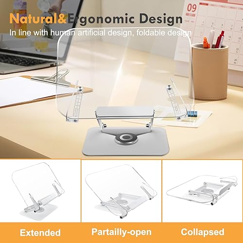 Miniatura 3 de Metahoga Amasrich - Soporte de acrílico para libros de lectura, soporte ajustable con base giratoria de 360 y clips de página, plegable para mostrar