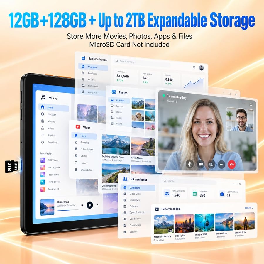 Tablet Android Tablet 10.1 Inch, 128GB, 6000mAh, 14.99 oz, Android 15 | About 21% lighter, 20% more battery capacity & 2x max expansion vs a 540g/5000mAh/1TB 10.1-inch benchmark., image 3