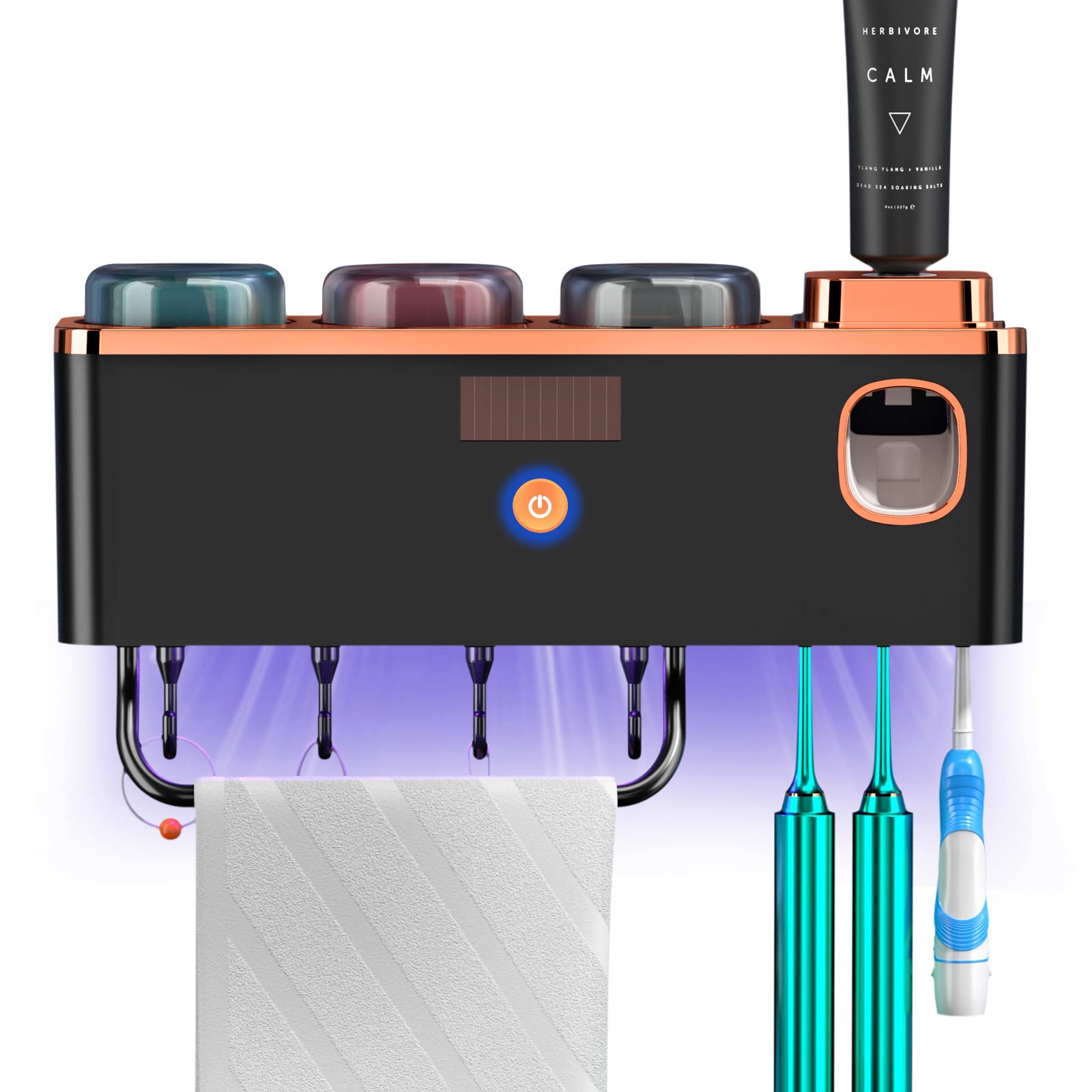 Toothbrush Holder Wall Mounted,Toothbrush Dispenser with Cleaning Function,Solar Charging, 3 Toothbrush Holder 3 Toothbrush Cups Can be Placed Towels, Bath Ball etc. Family Bathroom Organizer