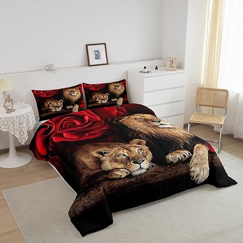 Miniatura 2 de Erosebridal Juego de edredón de decoración de habitación de rosas y flores, juego de ropa de cama con estampado de león animal para niños,