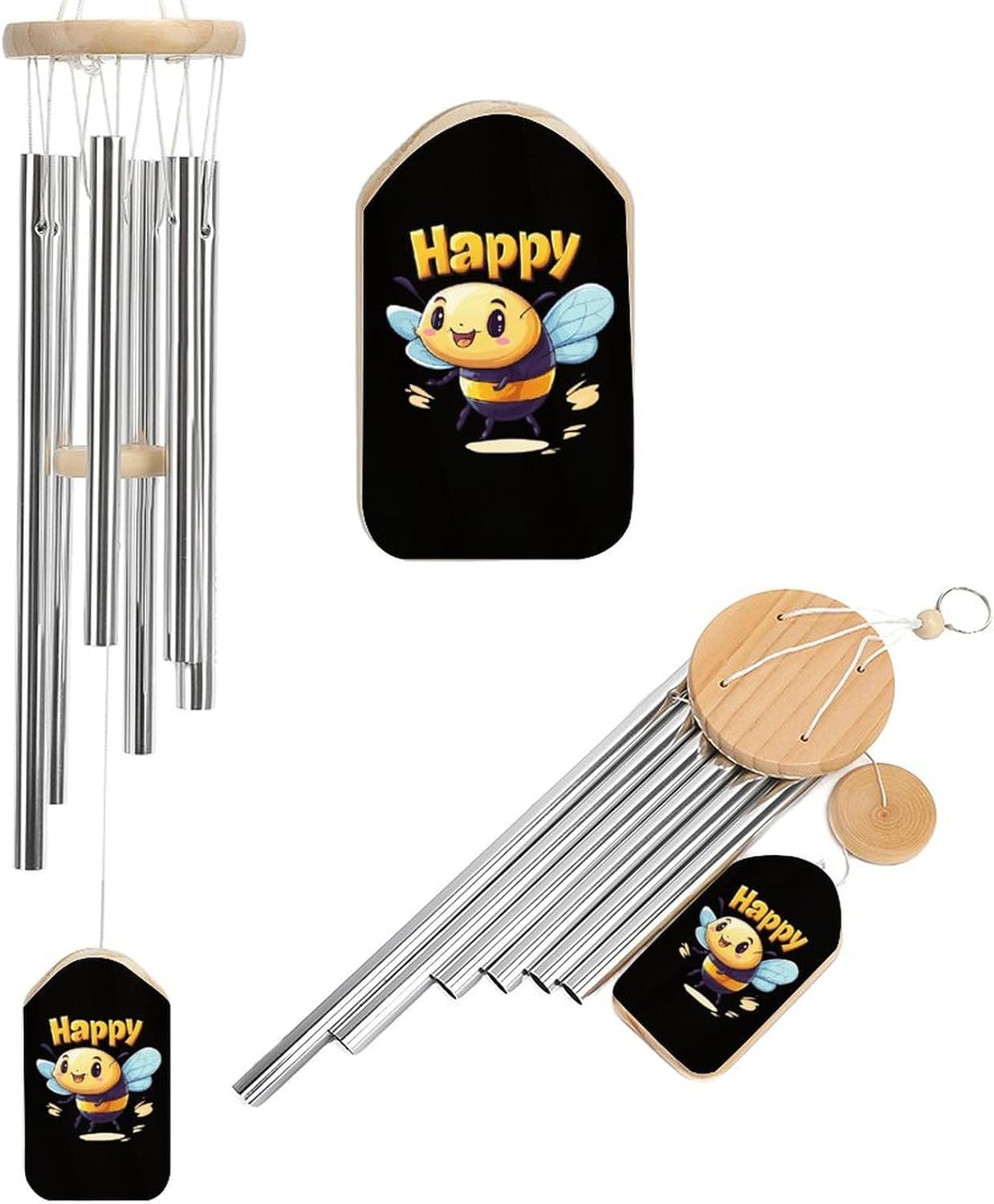 Bee Happy Wooden Wind Chimes Deep Tone Memorial Windchime for Outside Garden Home Decoration