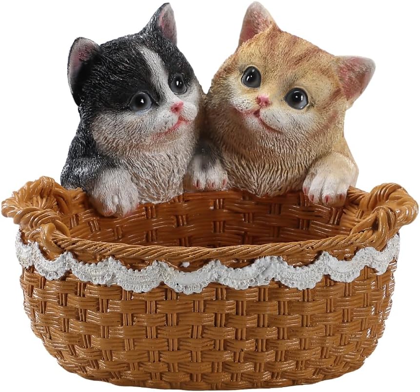 Cute Kitten Duo Statue with Storage Basket, Resin Animal Figurine Candy Bowl Key Holder for Entryway Table Organizer,Dog Sculpture Home Decor Gift for Dog Lovers