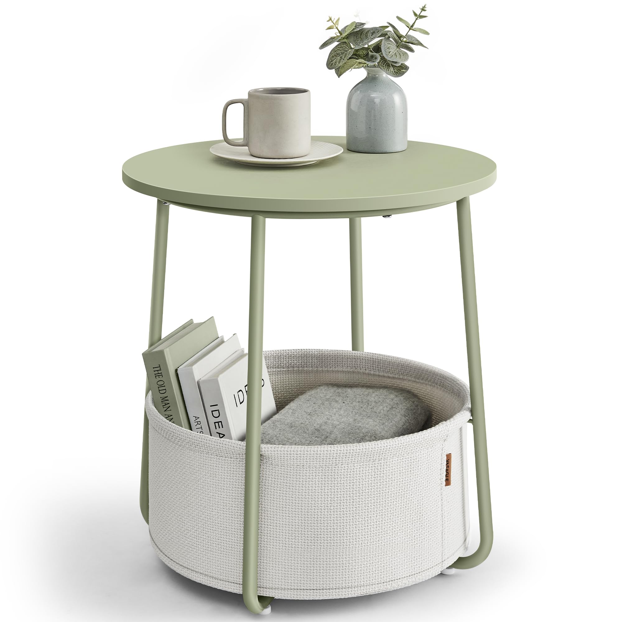 VASAGLE Side Table, Round End Table with Fabric Basket, Spacious, for Living Room Bedroom, Bedside Table, Modern Style, Laurel Green and Cream White LET223C69