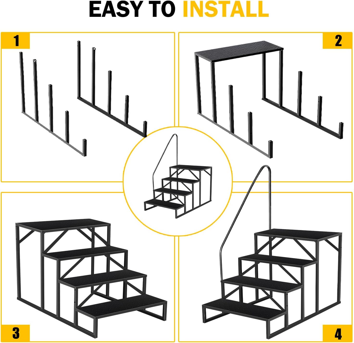 Swimming Pool Ladder Above Ground, RV Step Stool Ladder, Hot Tub Steps with Handrail, 660 lb Load Capacity Pool Stairs Pool Steps for Travel Trailers, Spa, Camper, 5th Wheels (4 Step, 1 Handle)