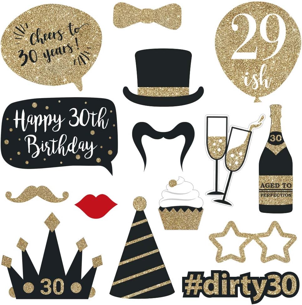 Fully Assembled 30th Birthday Photo Booth Props - Set of 30 - Black & Gold Selfie Signs - 30th Party Supplies & Decorations - Cute Bday Designs with Real Glitter - Did We Mention No DIY