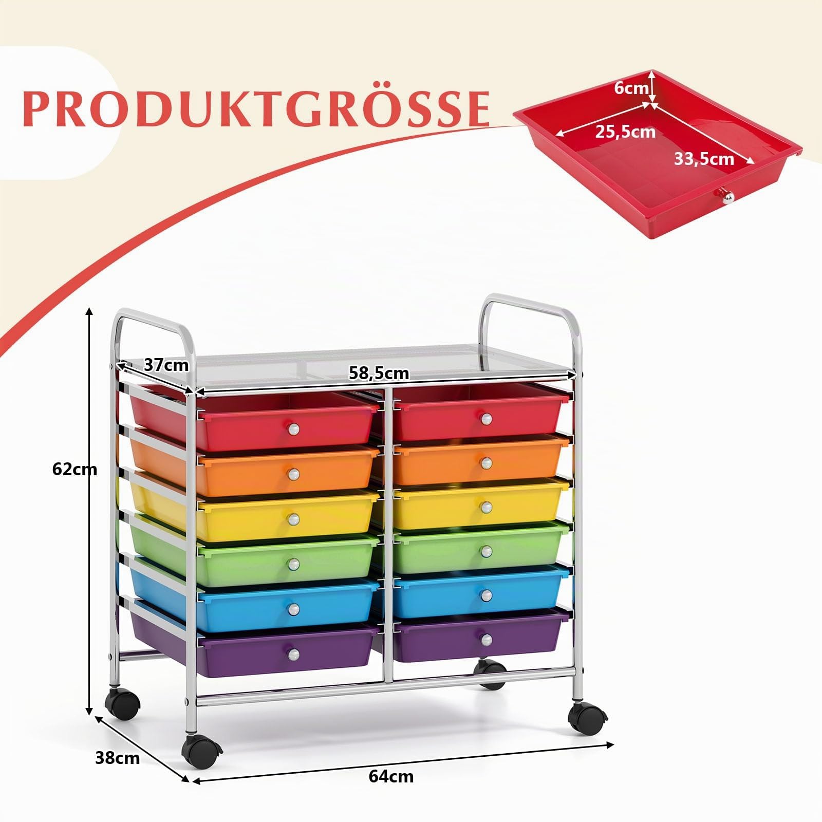 COSTWAY Rollwagen mit 12 stapelbaren Schubladen, Schubladenwagen (Bunt)