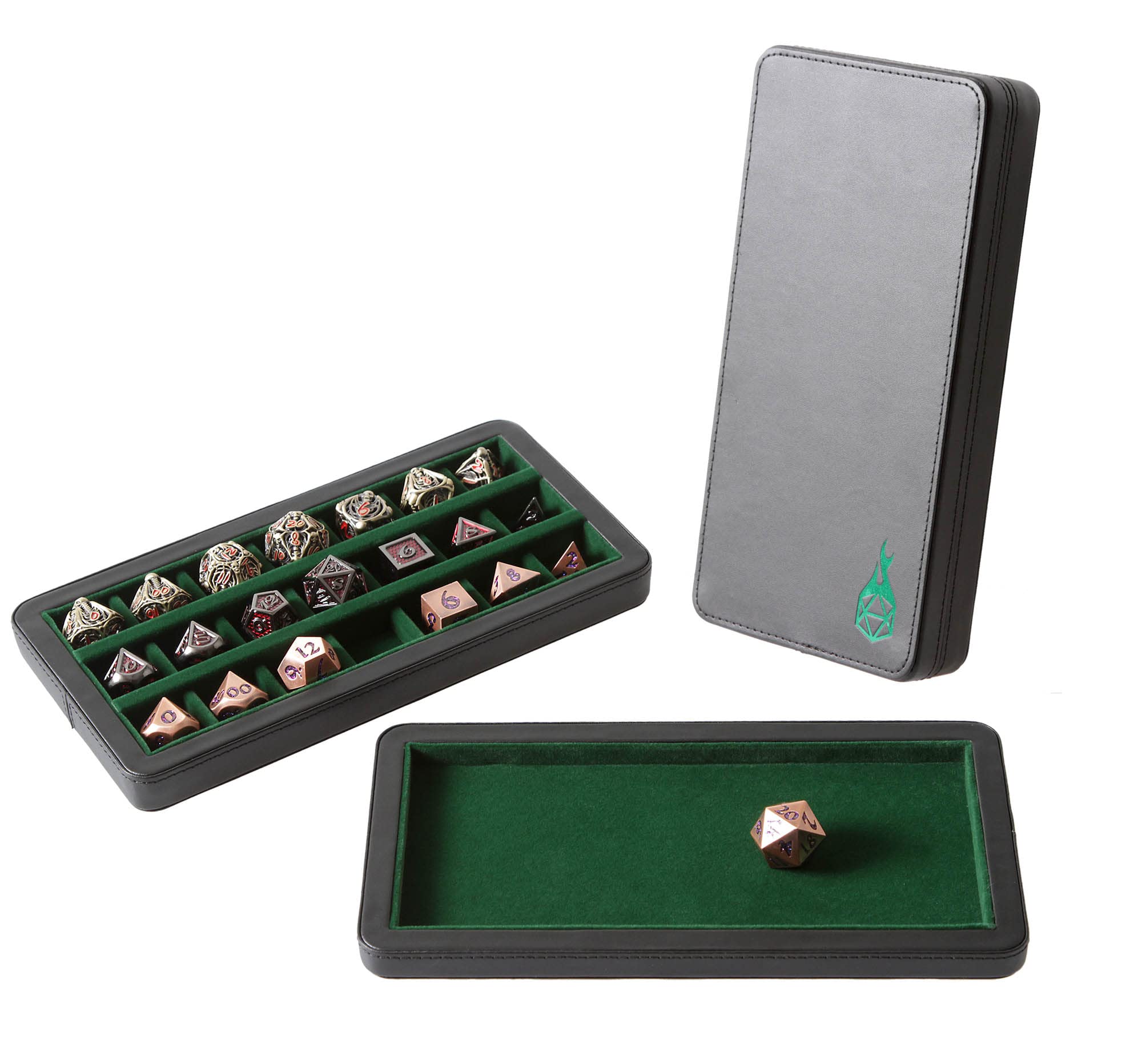 Forged Dice Co. Premium Large Divided Case - Combined Box and Tray - Holds Polyhedral Sets - 21 Felt-Lined Chambers - Magnetic Lid Closure - Perfect Metal Storage Box - Green