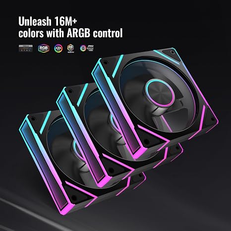 RUIX V8 Prism 120mm ARGB PWM Computer Case Fan 3-Pack, Mirror Design, High-Performance Cooling for Gaming PC- Black, Forward