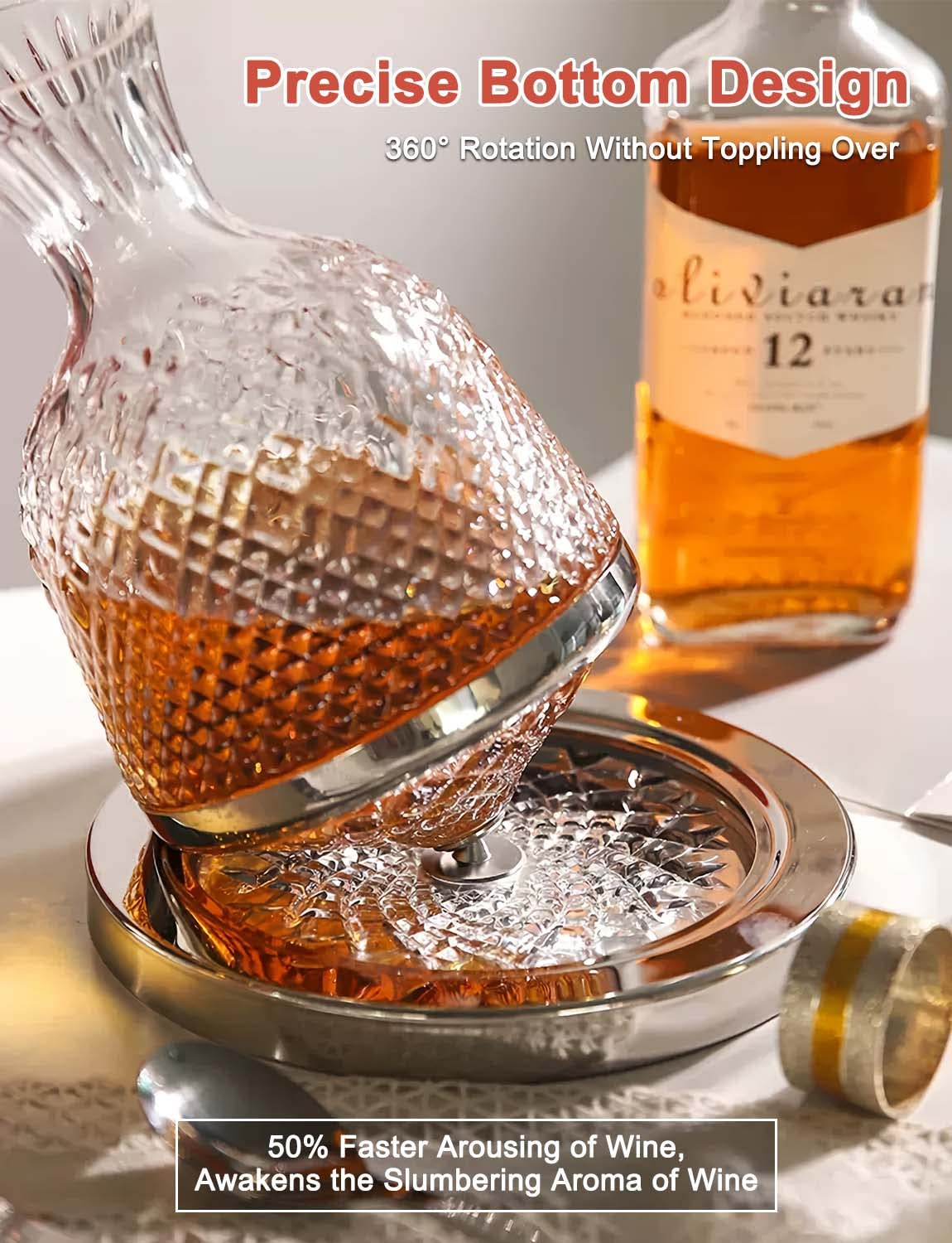 Decanter per Vino,Whisky da 1,5L, Caraffa in Vetro cristallo con rotazione a 360°, senza piombo, con confezione regalo per uomini e donne